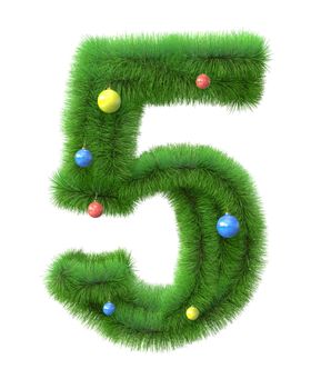 5  number made of christmas tree branches isolated on white background