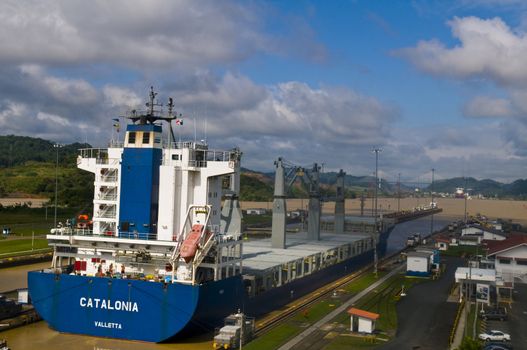 PANAMA CANAL , PANAMA - DEC 25 2010 : Huge ship crossing the Panama canal