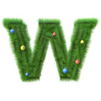 W letter made of christmas tree branches isolated on white background