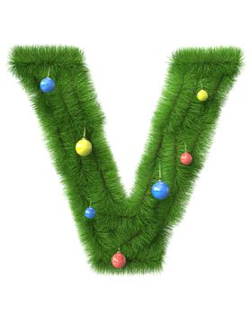 V letter made of christmas tree branches isolated on white background