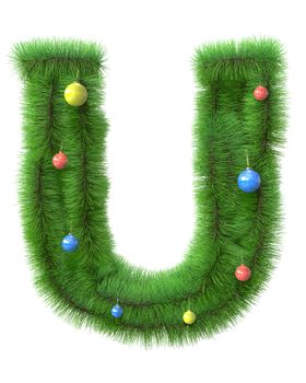 U letter made of christmas tree branches isolated on white background