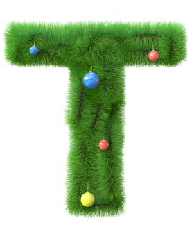 T letter made of christmas tree branches isolated on white background
