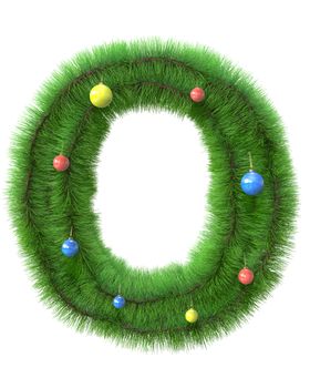 O letter made of christmas tree branches isolated on white background