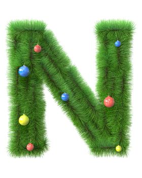N letter made of christmas tree branches isolated on white background