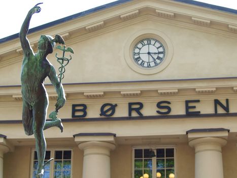 Close up of the stock exchange in Oslo Norway, with a statue in the foreground