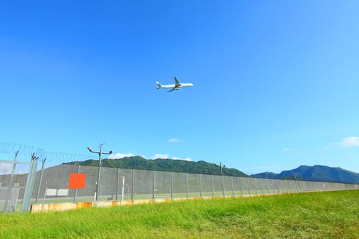 Airplane fly over grasses at day time