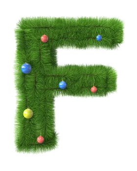 F letter made of christmas tree branches isolated on white background