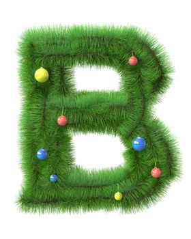 B letter made of christmas tree branches isolated on white background