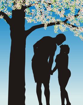 Illustration lovers under flowery cherry tree