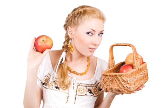 Redheaded woman with red apples over white
