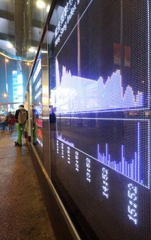 Stock ticker board at the stock exchange , outdoor 