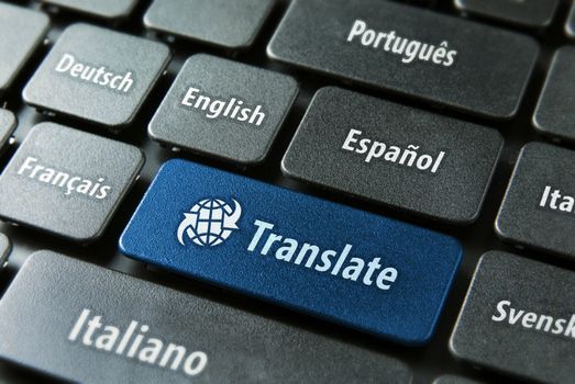 Multilingual translation online concept. Close up of multi language keyboard and translate word key in blue color with clippingpath.