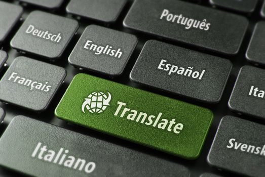 Multilingual translation online concept. Close up of multi language keyboard and translate word key in green color with clippingpath.