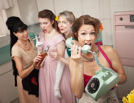 Retro-style woman yelling on phone while her friends drink and smoke