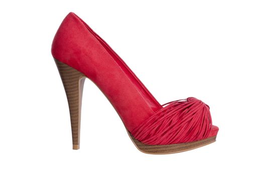 Red high heel women shoe, profile view,  isolated on white background.