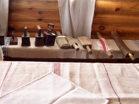  Interior in the ancient house, the typical Ukrainian clothes and kitchen devices