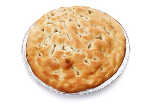 Typical salty italian bread called focaccia over white background