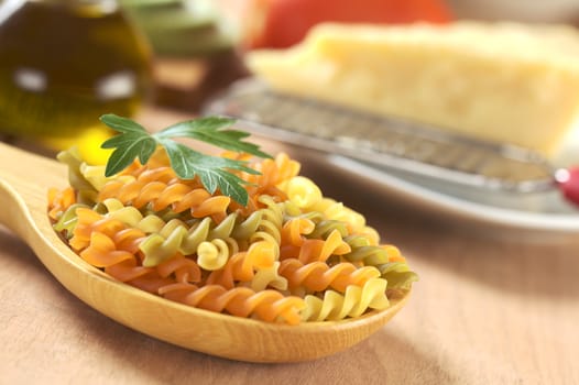 Colorful raw fusilli pasta on wooden spoon and garnished with a parsley leaf, with cheese and oil in the back (Very Shallow Depth of Field, Focus on the tip of the leaf and the and the orange fusilli in front of it)