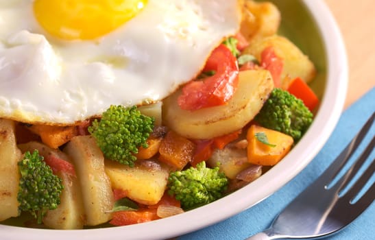 Fried potatoes, tomato, broccoli, onion, carrot with a fried egg on top (Selective Focus, Focus on the broccoli below the egg)