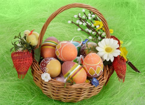 Easter eggs in basket on green Grass