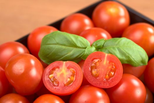 Cherry tomatoes with basil leaf in a black bowl (Selective Focus, Focus on the right tomato half) 