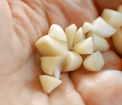 fresh chopped garlic in hand closeup macro