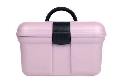 Modern pink plastic sewing box isolated on white background.