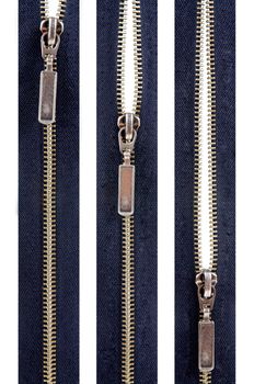 Zipper. Closed, Half Open, Open isolated on white backtroun.