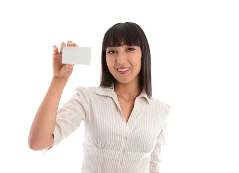 Smiling woman holding up a blank business card, club card, credit card, student card or other.  White background.