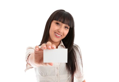 A beautiful smiling young woman holding a businesscard, club card, id card, licence or other.  Blank.   White background.