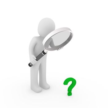 3d man magnifying glass question mark green search