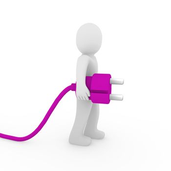 3d human man plug purple cable socket power