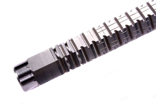 A newly manufactured industrial shaft, on white background.