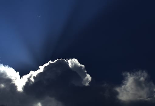 Airliner high above clouds with sun rays