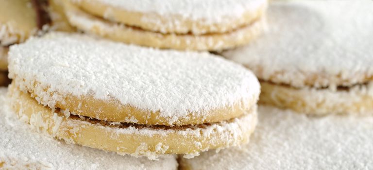 Closeup of Peruvian cookies called Alfajor filled with a caramel-like cream called Manjar and with sugar powder on top (Very Shallow Depth of Field, Focus on the front)