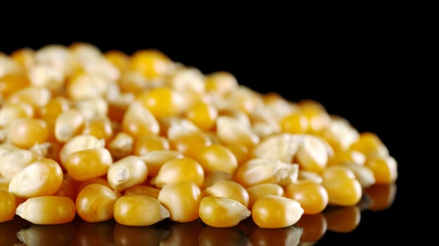Pile of yellow maize kernels used for making popcorn on black (Selective Focus, Focus on the front) 