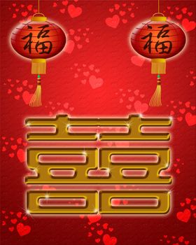 Chinese Wedding Double Happiness Symbol with Lanterns on Red Hearts Background