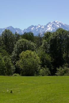 The Alpine mountains of Austria below the warm sun of summer