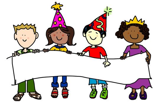 Large childlike cartoon characters: little kids, boys and girls, holding a very big blank banner and wearing party hats.