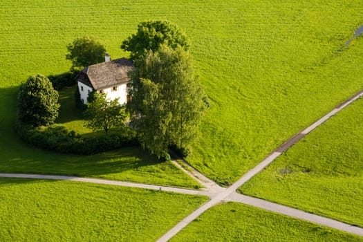 A Cottage in a meadow in summer with multiple paths