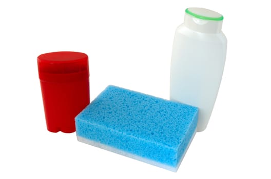 Bath collection. Red deodorant, white shower-gel (or shampoo) and blue sponge.