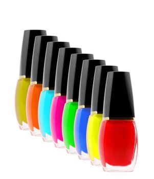 Nail polish. Red tubes with a black cap on a white background
