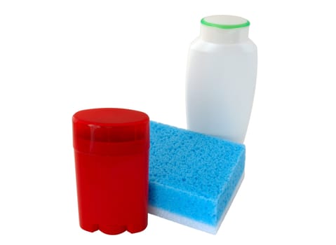 Bath collection. Red deodorant, white shower-gel (or shampoo) and blue sponge.