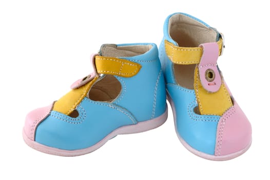 Baby's summer leather boots. Coloured in bright colours - pink, blue and yellow.