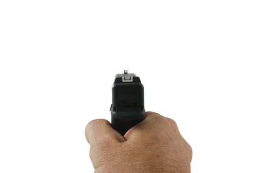 An isolated shooters view amaing a handgun