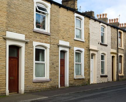Typical scene of a row of terraced houses in a Lancashire mill town