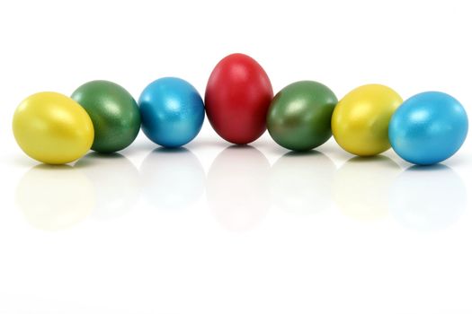 colorful easter  eggs with reflection isolated on white  background