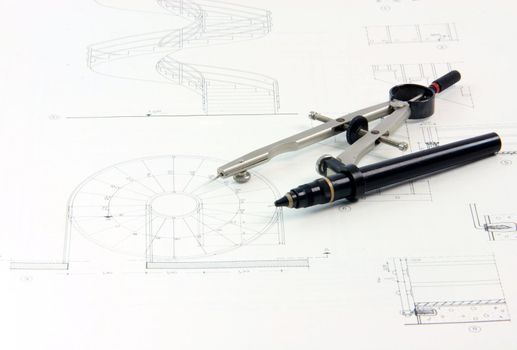 architecture compass with rapidograph on architecture designs of stairs