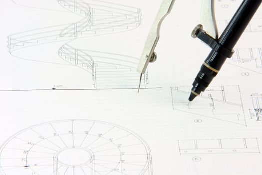 architecture designs and compass with rapidograph detail