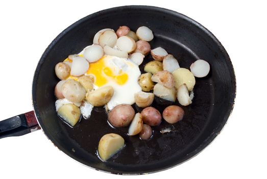 Fried eggs and fried potato on pan.